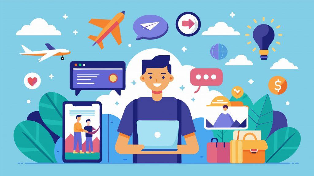 Illustration eines Manns mit Laptop in der Hand, darum herum bunte Bilder die einzigartige Reiseerlebnisse, basierend auf den Interessen und Aktivitäten der Nutzer auf der Plattform, symbolisieren